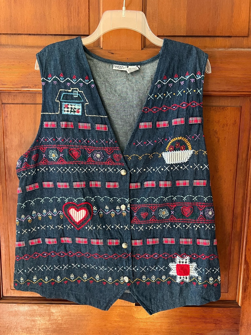Vintage Napa Valley Embroidered Denim Vest 1X Cottagecore Folk Art